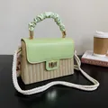 Chic small straw woven box bag featuring light green leather flap and ruched top handle - Green