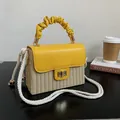 Stylish straw box bag with yellow pleated handle and rope strap for beach and daily use. - Yellow