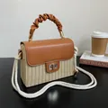 Small handmade straw box bag with brown ruched leather handle and rope shoulder strap - Brown