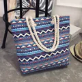Bohemian ethnic canvas tote bag with blue geometric print and cotton rope handles - Versatile Ethnic