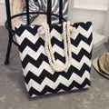 Fashionable canvas tote bag featuring a black and white zigzag pattern and thick rope handles - Black Large Wave