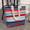 Large capacity ethnic striped canvas tote bag with nautical rope handles for women - Blue Gray Red Stripes