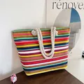 Large capacity ethnic style canvas tote bag with colorful stripes and rope handles - Striped Brown Green