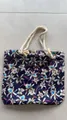 Large capacity floral canvas tote bag with white rope handles and navy orchid print - Blue Flower