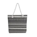 Large canvas tote bag with black and white ethnic geometric pattern and rope handles - Khaki Striped