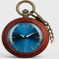 Vintage wooden quartz pocket watch featuring a sunburst blue dial and classic bronze chain - Blue Sunburst Pattern Style (Picture Model)