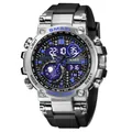 Montre de sport SMAEL tactique étanche à double affichage avec boîtier argenté et bracelet noir - Montre de Sport Tactique Double Affichage (8093) / Argent & Bleu