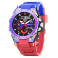 SMAEL men's digital analog sports watch with rainbow gradient bezel and red blue strap - 8060-Multi-Color