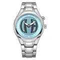 Vintage silver alloy men's quartz watch with light blue dial and globe graphic pattern - Round Blue Dial