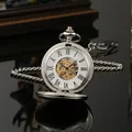 Vintage mechanische Taschenuhr in Silber mit Skelett-Zifferblatt und passender Kette - Polierter Doppeldeckel Silbernes Zifferblatt / Silber