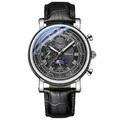 Reloj de lujo hombre plata con correa de cuero negro y esfera cronógrafo fase lunar - Caja Plateada Esfera Negra