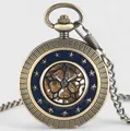 Mechanische Vintage-Taschenuhr aus Bronze mit Skelett-Zifferblatt und Metallkette - Sternenacht-Skelett-Stil (Halbautomatik) / Bronze