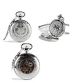 Vintage silberne mechanische Taschenuhr mit graviertem Doppelklappdeckel für Geschenke - Zugschild Skelett Stil / Silber