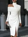 Elegant white off-shoulder bodycon dress with pleated draping and a high-neck design - S / Dresses / White