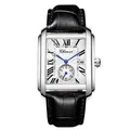 Close-up detail of Chenxi men's rectangular quartz watch featuring a black leather strap - Silver Case White Dial Black Strap