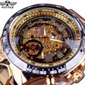 Reloj mecánico automático de lujo dorado con esfera esqueleto y correa de acero inox - Banda Dorada Esfera Oro Negro