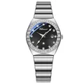 Women's silver quartz watch with diamond bezel and sunray dial - Black