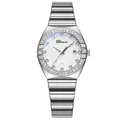 Elegant silver women's quartz watch with diamond bezel and white sunray sunburst dial - White