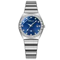 Elegant women's silver quartz watch with a blue sunray dial and crystal-set bezel - Dark Blue