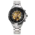 Reloj esqueleto automático para hombre con correa de acero inoxidable y esfera dorada - Banda Plata Esfera Negra Movimiento Oro