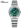 Elegant women's silver quartz watch with green sunburst dial and rhinestone bezel - Green