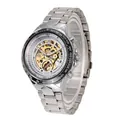 Reloj mecánico automático de esqueleto plateado para hombre con correa de acero inoxidable - Banda Plata Esfera Blanca Movimiento Oro