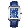 Élégante montre à quartz carrée pour homme avec bracelet en cuir bleu et chiffres romains - Boîtier Argent Cadran Bleu Bracelet Bleu