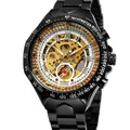 Reloj mecánico automático de lujo para hombre con esfera de esqueleto y correa de acero - Caja Negra Esfera Oro Blanco