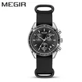 MEGIR professional men's chronograph watch with a black canvas strap and silver steel case - Steel Case Black Dial Black Strap