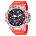 SMAEL outdoor sports watch for men, transparent pink case with orange strap, dual display - Outdoor Dual Display Sport Watch (8007) / Red