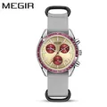 MEGIR 2247 men's sport chronograph watch with grey canvas strap and gold red dial - Steel Case Yellow Purple Dial Grey Strap