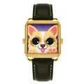 Square quartz wrist watch featuring a cute corgi cartoon face with dark green leather strap - Black Gold Purple Dial