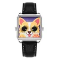 Creative Corgi dog cartoon relief quartz watch with black leather strap and big eyes - Black Silver Purple Dial