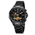 Forsining men's black automatic mechanical watch with tourbillon open heart design - Black Strap Gold Movement