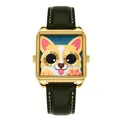Unique gold square quartz watch with 3D cartoon corgi relief dial and black leather strap - Black Gold Green Dial