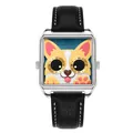 Unique cartoon corgi embossed quartz watch with black leather strap and stainless steel case - Black Silver Green Dial