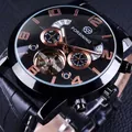 Montre mécanique automatique Forsining pour hommes avec cadran tourbillon et bracelet cuir - Boîtier Noir Cadran Noir Chiffres Or Rose