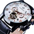 Montre mécanique Forsining pour homme avec cadran blanc texturé et bracelet en cuir noir - Boîtier Noir Cadran Blanc