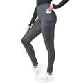 Detailansicht der Reithose mit hoher Taille, Handytasche und Silikonbesatz für festen Sitz - S / Unterteile / Grau