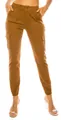 Detailed view of women's khaki cargo pants with multiple pockets and elastic waist fit. - S / Bottoms / Camel