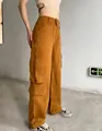 Women's loose straight-leg cargo pants with multi-pockets in ochre brown color - XS / Bottoms / Khaki