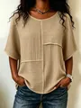 Macro detail view of the khaki wrinkled fabric patchwork short-sleeved top for women - Khaki