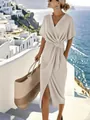 Summer commuter beige satin wrap dress featuring a waist twist and elegant front slit - S / Dresses / Apricot
