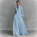 Elegant sky blue long-sleeved maxi dress with gathered waist and front button details for women - Sky Blue