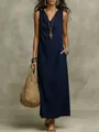 Sleeveless navy blue maxi dress with cowl neck and pockets for casual summer style - Navy Blue