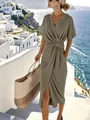 Elegant olive green satin wrap dress featuring a front twist detail and side slit. - S / Dresses / Khaki