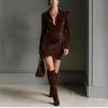 Full-length detail of brown suede fringe dress showcasing Western style and long sleeves - XS / Dresses / Coffee