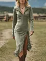 Abito stile western in pelle scamosciata a maniche lunghe con dettagli frange - 3XL / Vestiti / Verde militare