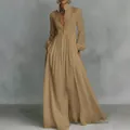 Elegantes khakifarbenes, langärmeliges Maxikleid mit Falten und Knöpfen im Boho-Stil. - S / Kleider / Gebrochenes Weiß