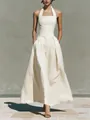 Elegant white halter neck maxi dress with pockets for summer casual fashion wear. - Milky White